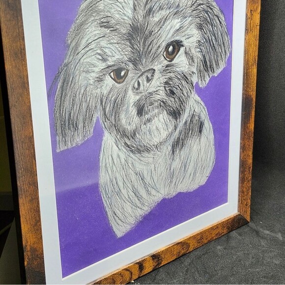 Hand Crafted Shih-Tzu Dog Colored Pencil Drawing Framed 9x11" - Picture 8 of 16